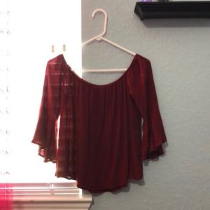 dark red, over the shoulder blouse